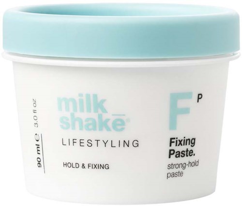Een container stylingpasta, genaamd 'milkshake', met een lichtblauw deksel en witte body.