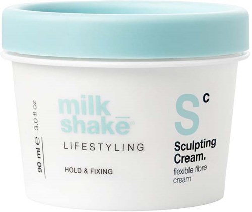 Valkoinen ja vaaleansininen purkki milk-shake S°C Sculpting Cream, hiusten kestoon ja kiinnitykseen, 90 ml.