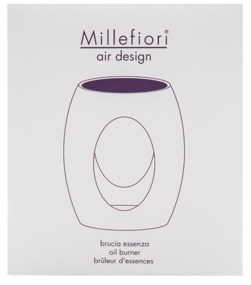 En enkel strektegning av en oljeovn kalt Millefiori Air Design med produktnavn og beskrivelse.