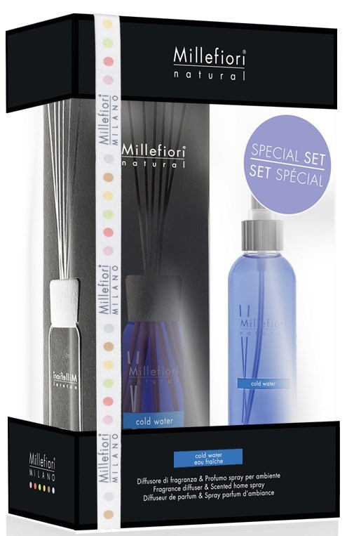 Ett set med Millefiori naturlig doftspray och diffusers, med en blå flaska och svartvitt förpackning.