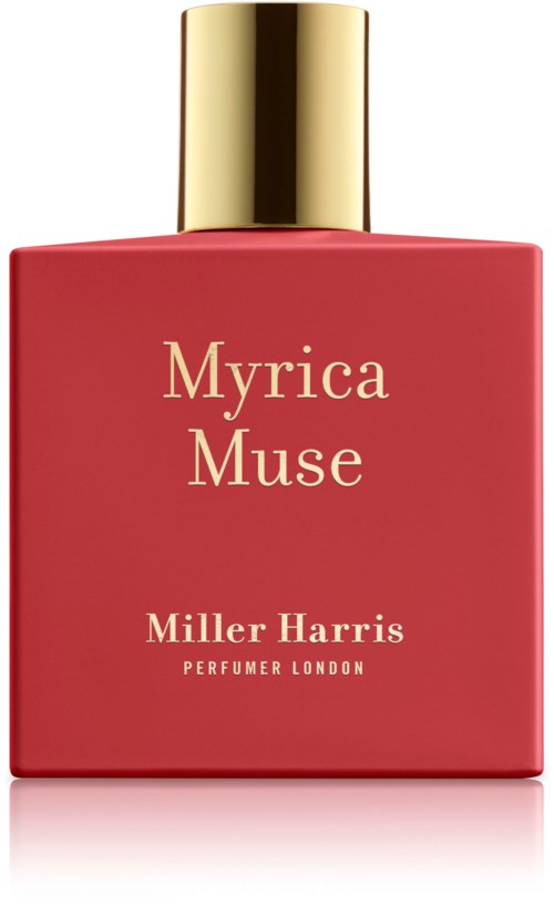 En rød parfumeflaske med en guldkapsel, mærket 'Myrica Muse' af Miller Harris.