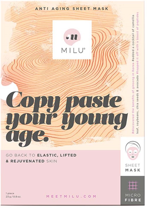 Bildet är förpackningen för en ansiktsmask för anti-åldrande från Milu med rosa och beige design och text.