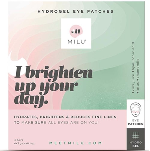 Milu hydrogel-ögonlappar med naturliga ingredienser som te-träd, kamomill, lotus och timjan, för att ljusa upp och lugna ögonen.
