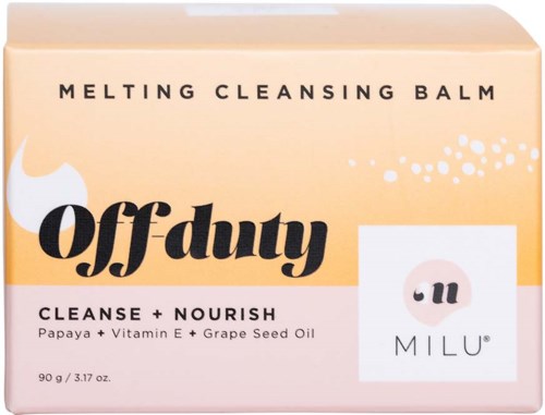 Ett tvålpaket märkt 'Melting Cleansing Balm' med 'Off Duty' branding, nämner ingredienser som papaya, vitamin E och vindränolja.