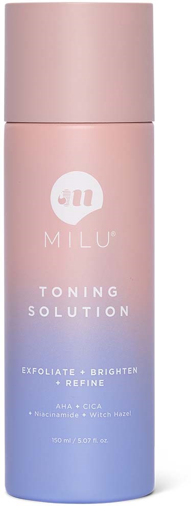 Ljusrosa och lila gradientflaska märkt 'MILU Toning Solution' med ingredienser som AHA, Cica, Niacinamide och Witch Haze.