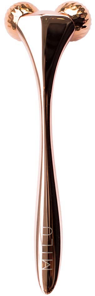 A rose gold facial roller with rounded ends and a long handle, made for skincare use.
