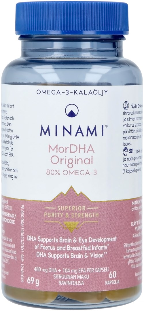 Flaska med Minami MorDHA Original, 80% Omega-3, med information om renhet och fördelar för hjärn- och ögonhälsa.