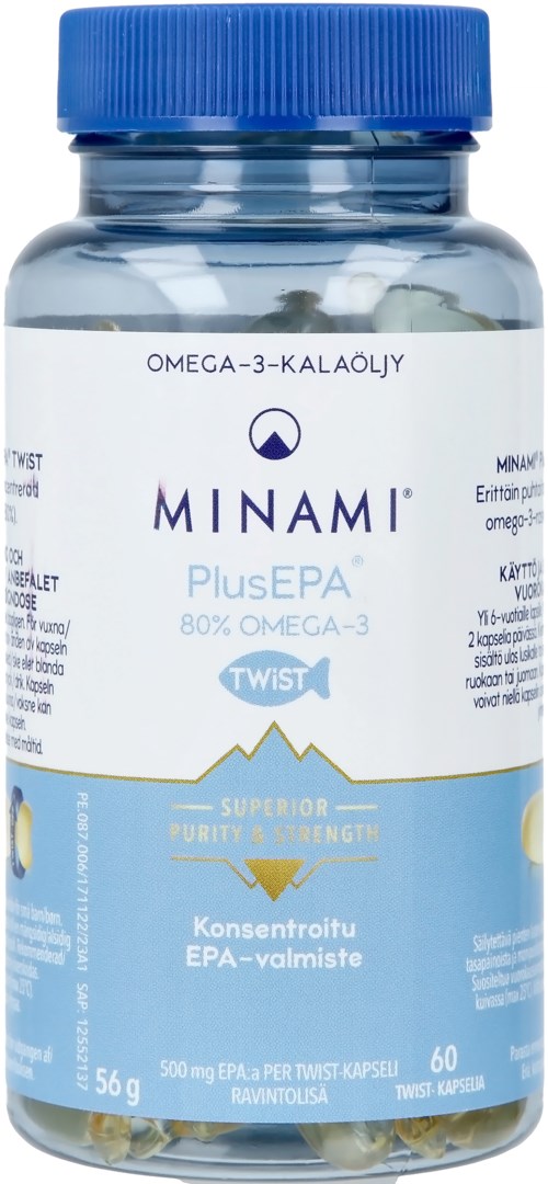 A bottle labeled MINAMI PlusEPA with blue cap, text indicating omega-3 and fish oil, and a logo. The bottle contains capsules.