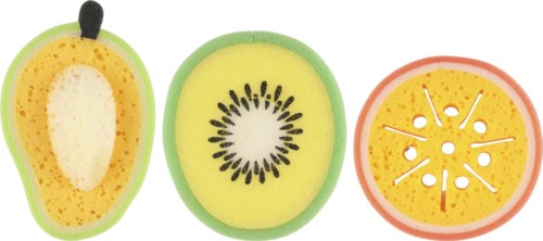 Drei Frucht-Schwämme in Gelb, Grün und Rosa mit schwarzen, schwarzen und weißen Details.
