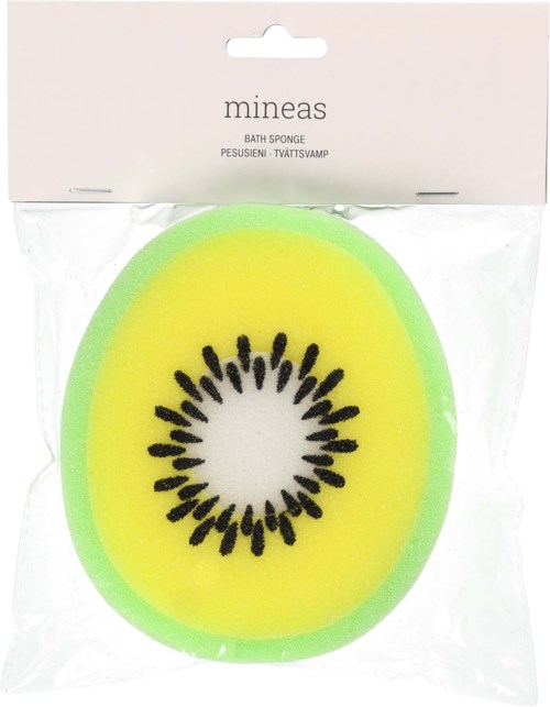 Ein Kiwi-förmiger Badekunststoff mit gelber und grüner Farbe, und schwarzen Samenmuster, in Kunststoffverpackung.