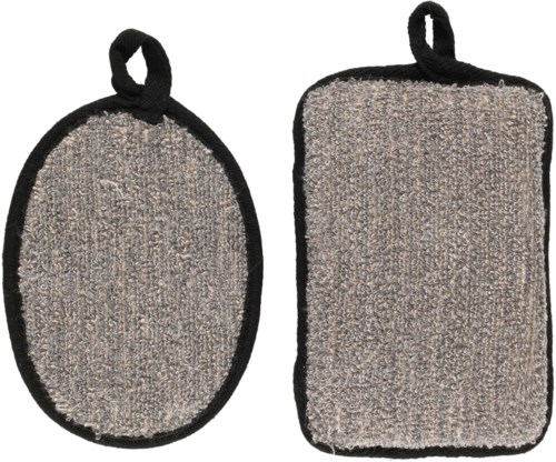 Two cleaning scrub pads, one oval and one rectangular, with loops for hanging, gray and black colors.