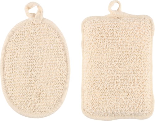 Twee beige schoonmaak- of schuurpads met ophanglussen. Eén ovaal en één rechthoekig vorm.