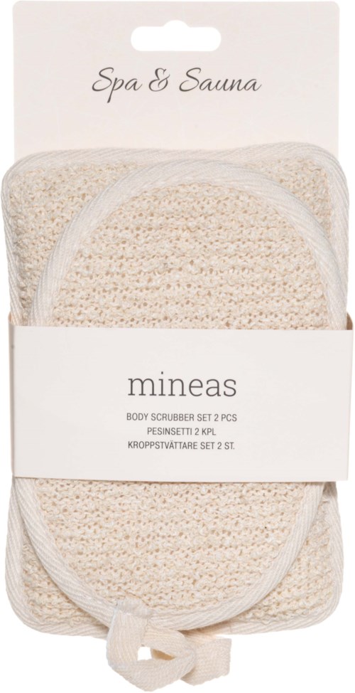 Een set van twee beige, getextureerde lichaamspeelingsponsjes in doorzichtige verpakking, gemarkeerd 'Mineas' en 'Spa & Sauna'.