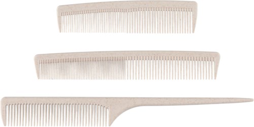 Three light-colored grooming tools with varied tooth sizes, made of plastic, arranged with two smaller combs above a wider, flat comb.