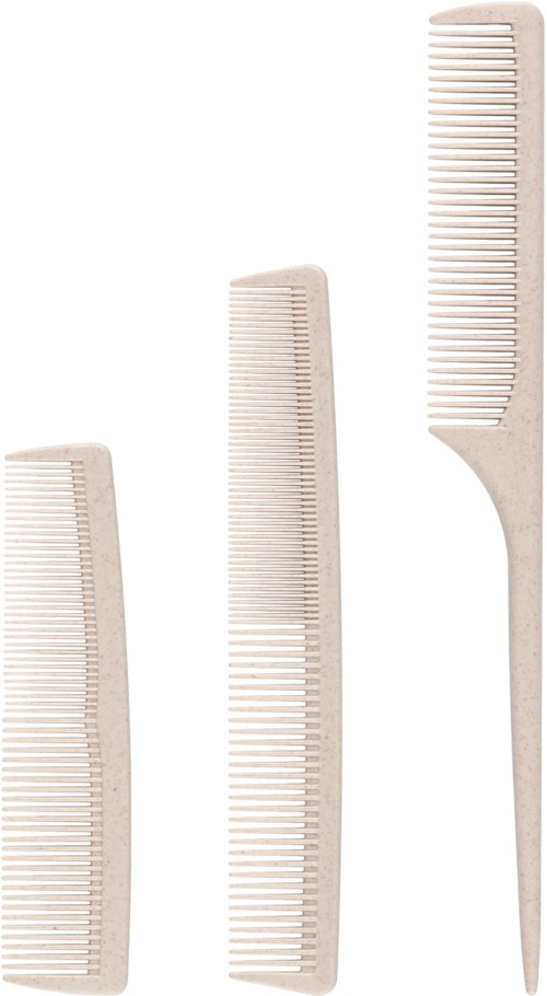Three plastic combs of different sizes, one with a handle, used for hair. They are light-colored and arranged vertically.