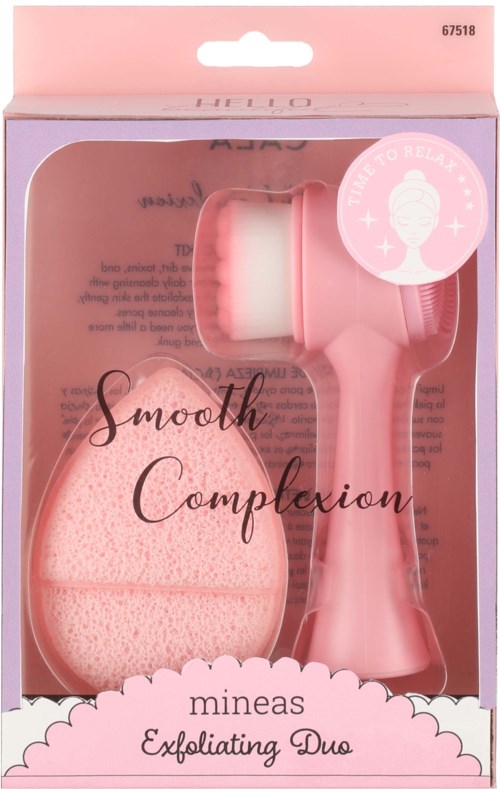 A pink facial cleansing device with a brush and sponge inside packaging. Text mentions 'Smooth Complexion' and 'Exfoliating Duo.'
