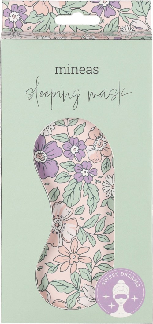 Et pastelgrønt emballasje med blomsterdesign, viser en sovemaske og merkevaren "mineas".