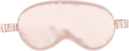 En rosa satinsovmaska med rynkad rem som täcker ögonen.