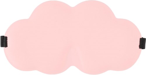 A pink sleep mask with black straps, shaped like a cloud, covering the eyes.