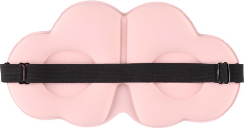 A pink cloud-shaped sleep mask with a black elastic band around it.