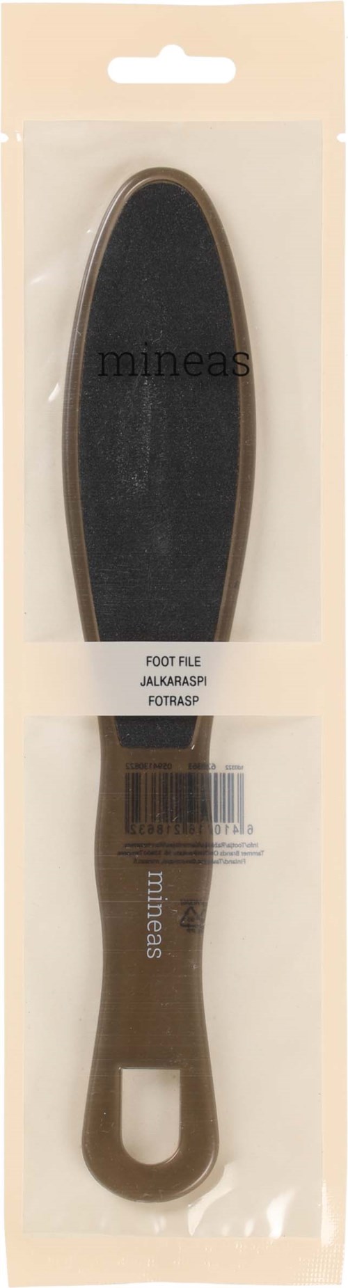 En fotfil i plastförpackning, märkt för avlägsnande av liktornar, med handtag och slipande yta.