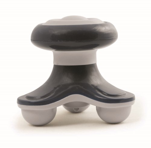A small, modern device with a round top and three rounded legs, mostly in black and gray colors.