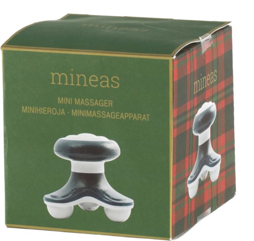 Small massage device with a round top and three legs, shown on green and plaid packaging.