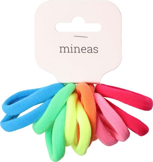 Färgglada tyghårsnoddar på ett vitt kort med varumärket "mineas".
