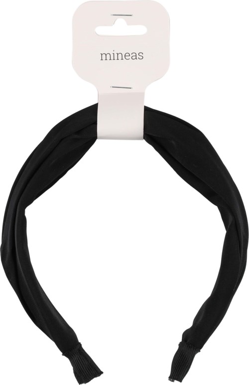 A black fabric headband with a white card label that says 'mineas' attached at the top.