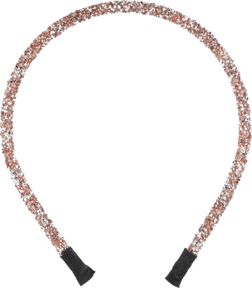 En glittrig pannremsa med rosa och silver stenar, utformad att bäras på huvudet. Den har svarta tygändar.