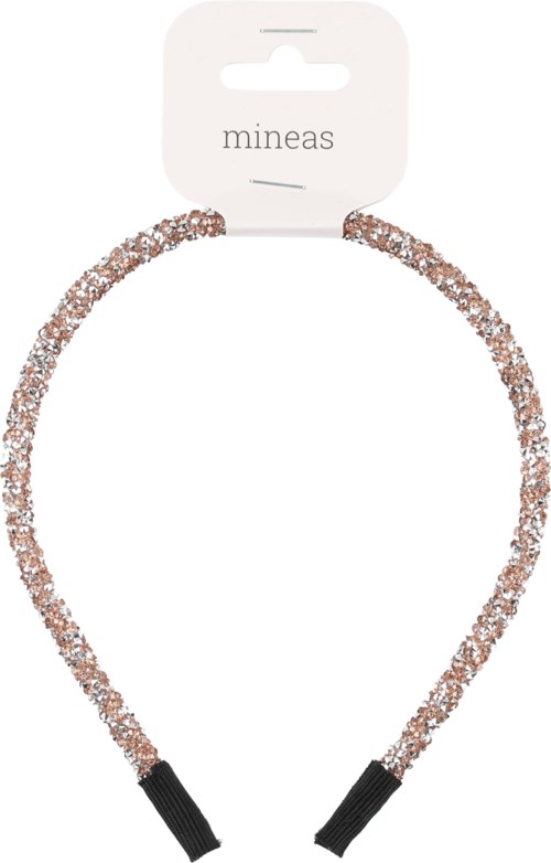 En glittrig hårband med roséguldsliknande yta och svarta tygändar. Den är på en vit displaykort märkt "mineas."