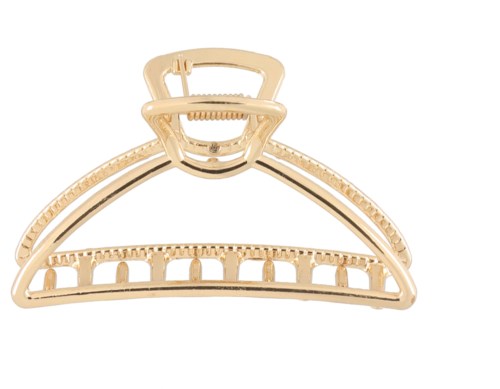 A gold hair clip with a curved design and small arched details. It has a clasp at the top for holding hair.