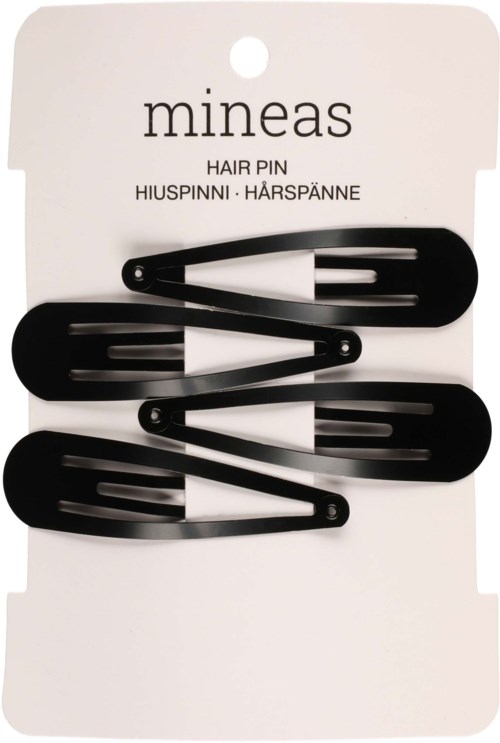 Set of three black hair pins attached to a white card labeled "mineas."