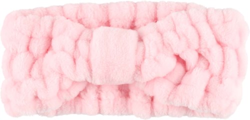 Een roze pluizige диадема met strik in het midden, gemaakt van zacht stof.