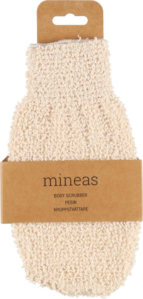 En beige, luftig kroppsskrubb fra Mineas, i emballasje med pappetopp og merkelapp.
