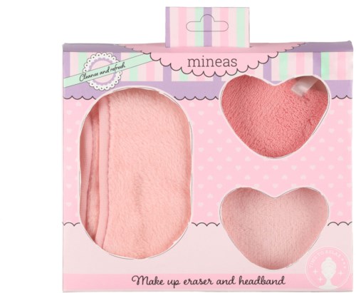 A pink set of makeup erasers and headband in decorated packaging with hearts and stripes.