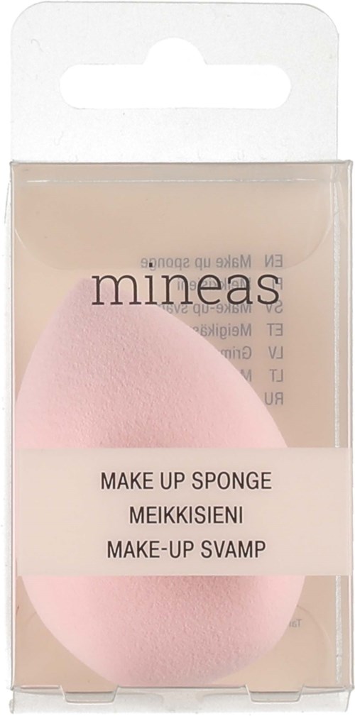 Soft pink makeup sponge in clear plastic packaging with brand name and product description.