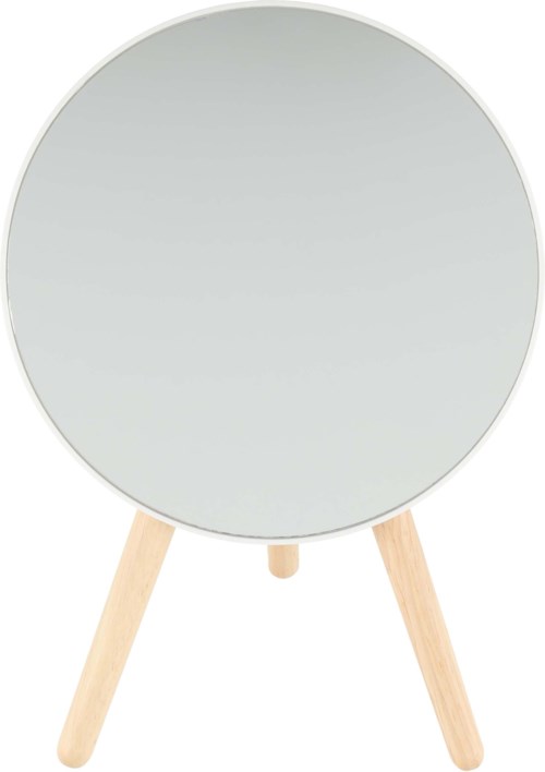 A round mirror with two wooden legs, stands upright, simple design, no other decorations.
