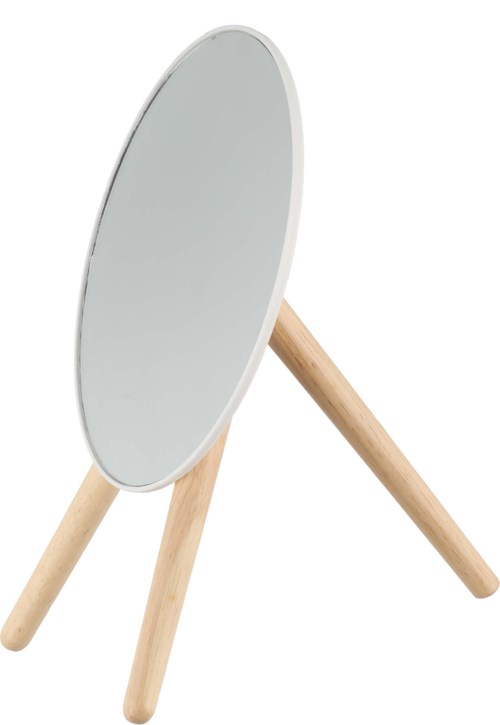 A small, round mirror with wooden legs, standing on a flat surface.