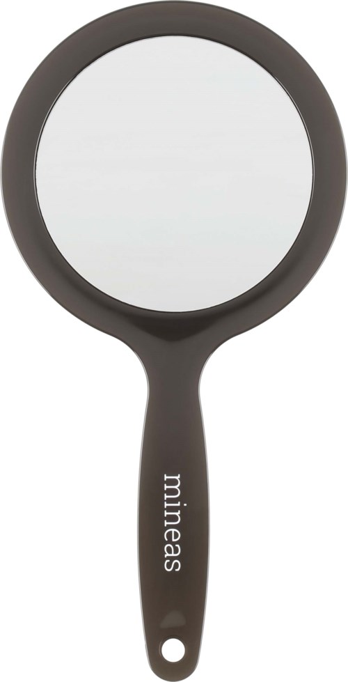 A black handheld mirror with a round reflective surface and a handle labeled 'mimias.'