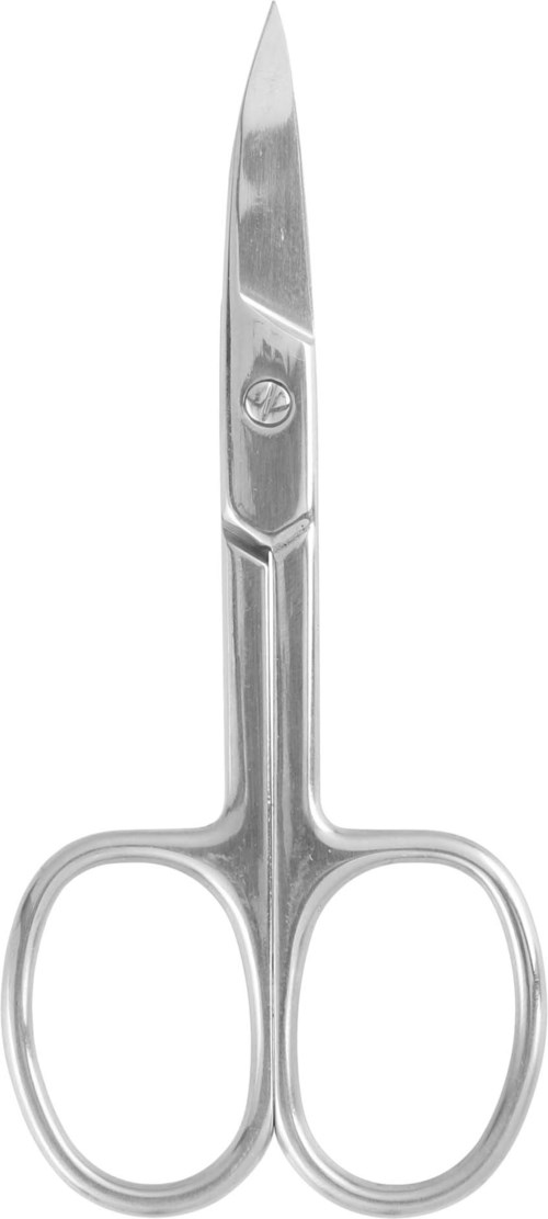 Små, blanka, metalliska kirurg- eller medicinsk scissors med korta blad och rundade handtag.