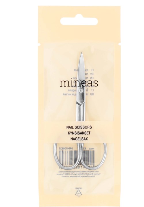 Liten nagelsax i tydligt plastförpackning med varumärket 'mineas'.