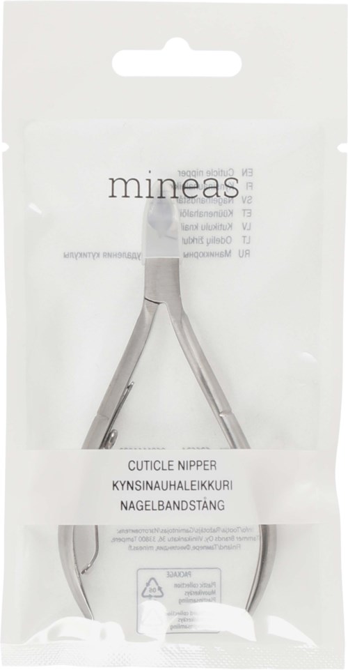 A nail clipper with a white handle and metal blades in clear plastic packaging.