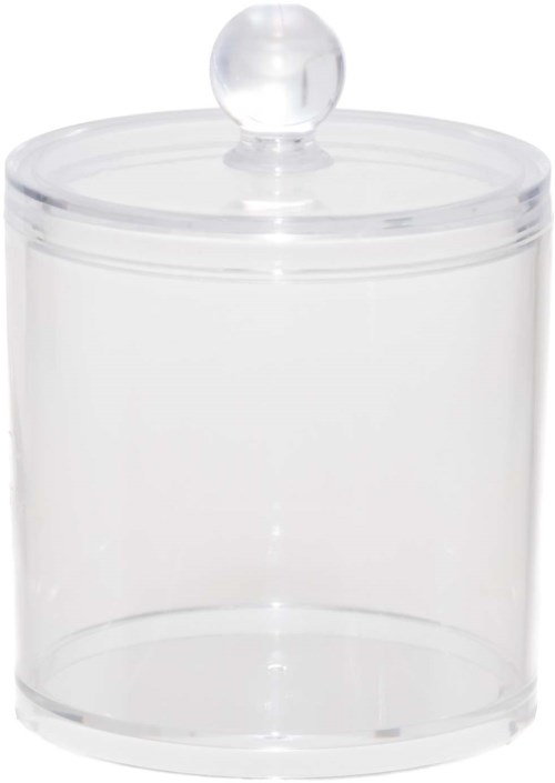 En klar, rund glasbeholder med låg og en kugleformet top. Den er tom og gennemsigtig.
