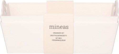 Et hvitt organiseringssett med flere oppbevaringsrom, merket 'mineas'. Det rommer små gjenstander og har et minimalistisk design.
