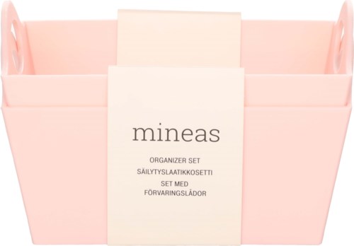 A pink organizer set with multiple compartments and a label showing the brand Mineas.