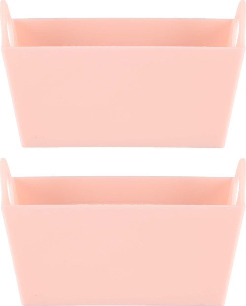 Two pink rectangular storage boxes with open tops, stacked vertically.