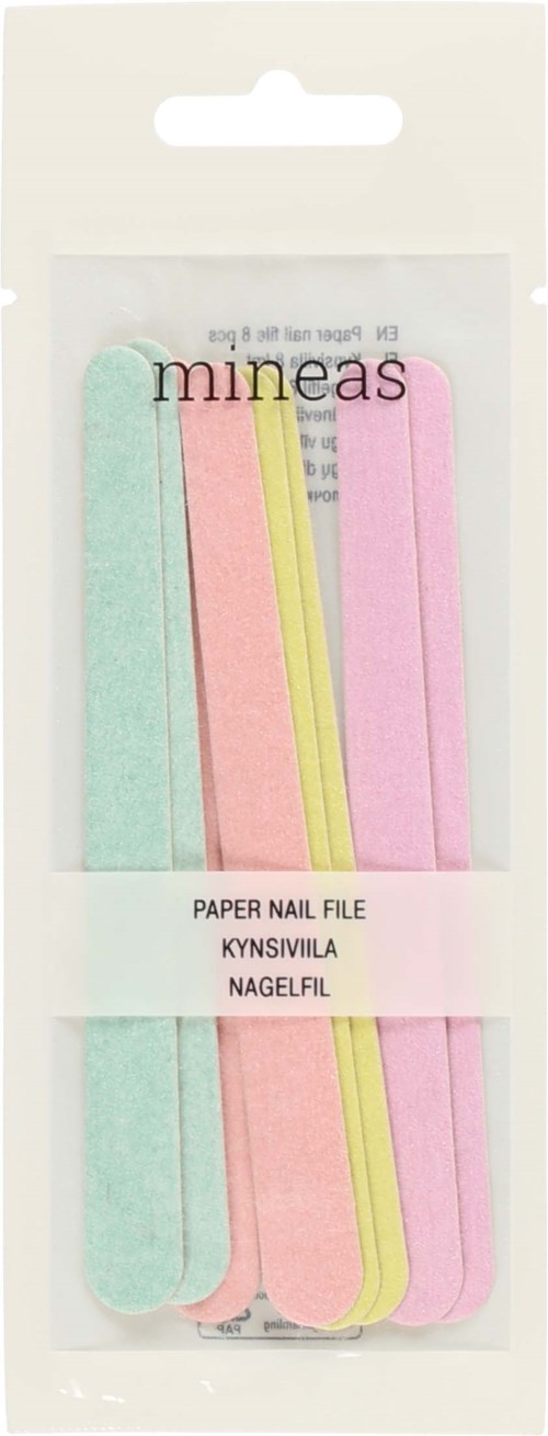 Colorful nail files with pastel pink, blue, and yellow colors in a transparent package.