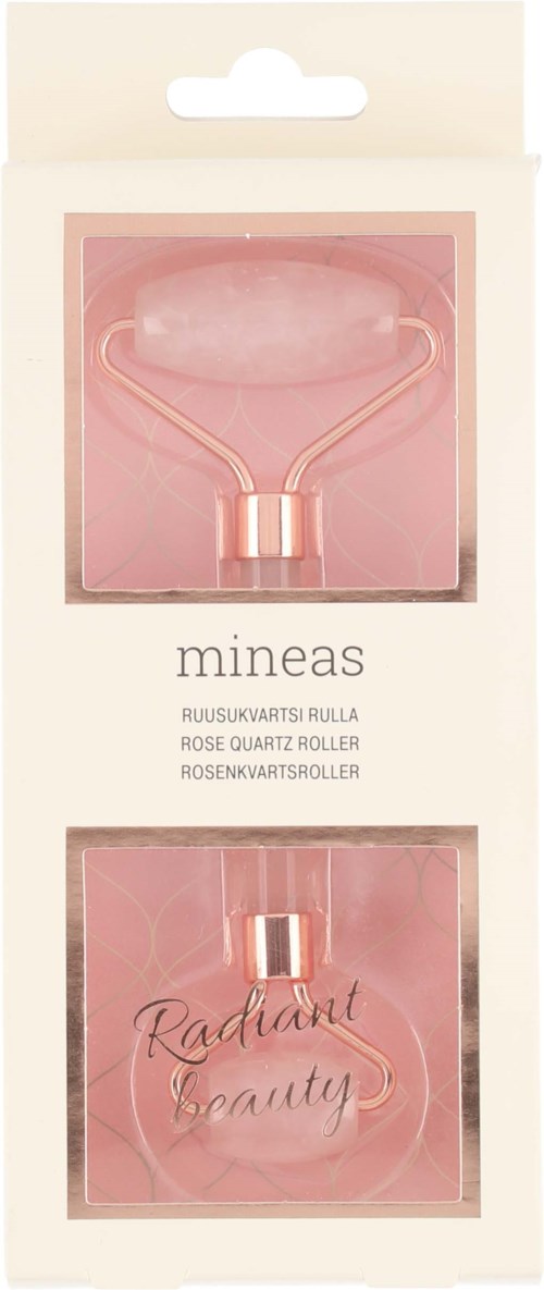Et hudpleie LED-roller sett har to rosa enheter, en buet og en liten, med rosa emballasje med teksten "Radiant Beauty."