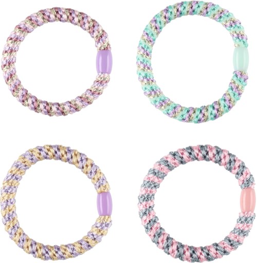 Fire farverige hårbånd i stof, i lilla, grøn, gul og pink med perler. De er runde og strækbare.